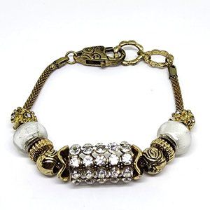 Gold and White Rhinestone Beaded Charm Lobster Claw Clasp Bracelet